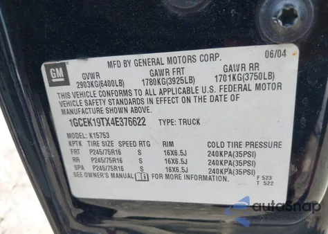 2004 Chevrolet Silverado 1500 Work Truck из США, поврежденный, VIN 1GCEK19TX4E376622